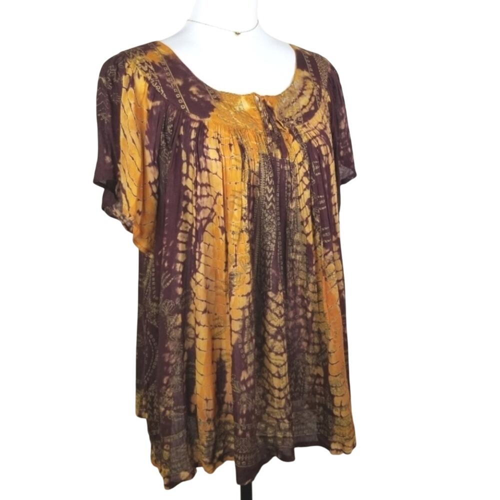 Sacred Threads Top Boho Burgundy Gold Tie Dyed Hippie Gauze Festival OSFM